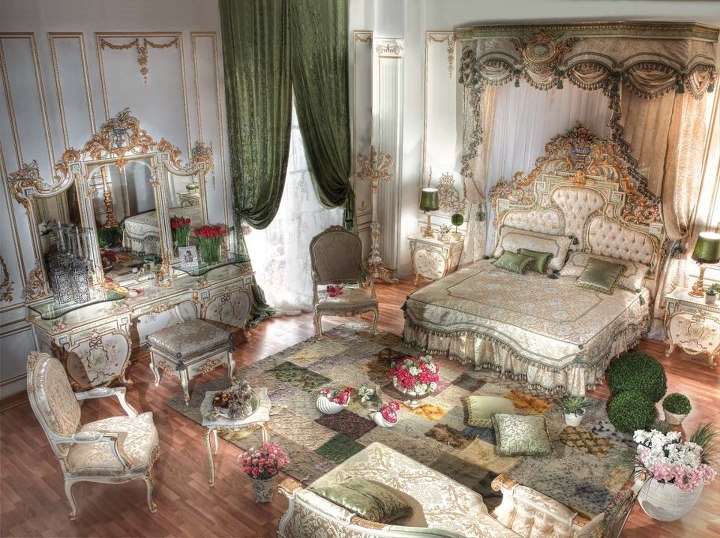 an elaborately decorated bedroom with white furniture and green drapes on the windowsill