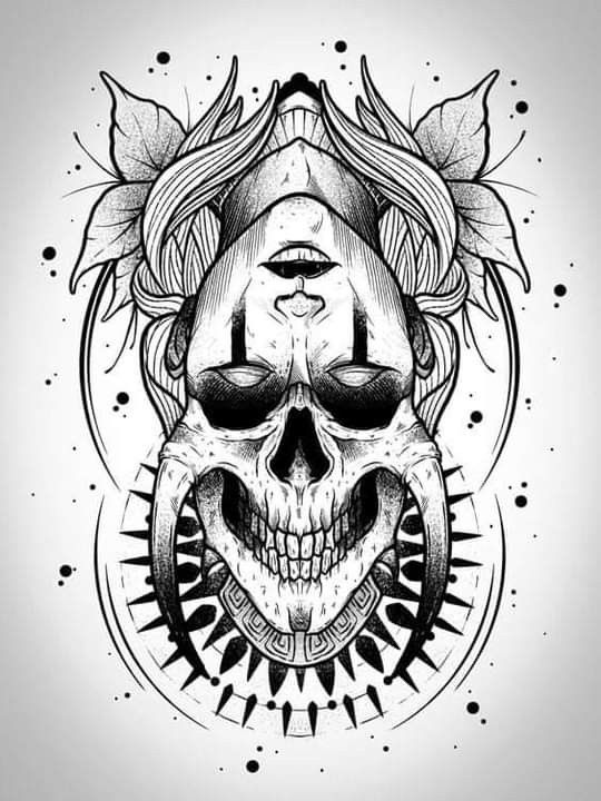 a black and white drawing of a skull with flowers on it's head, surrounded by leaves