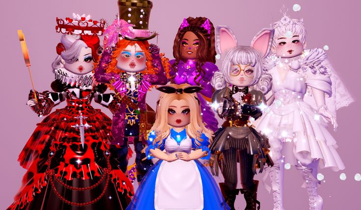 a group of dolls standing next to each other in front of a purple background with sparkles