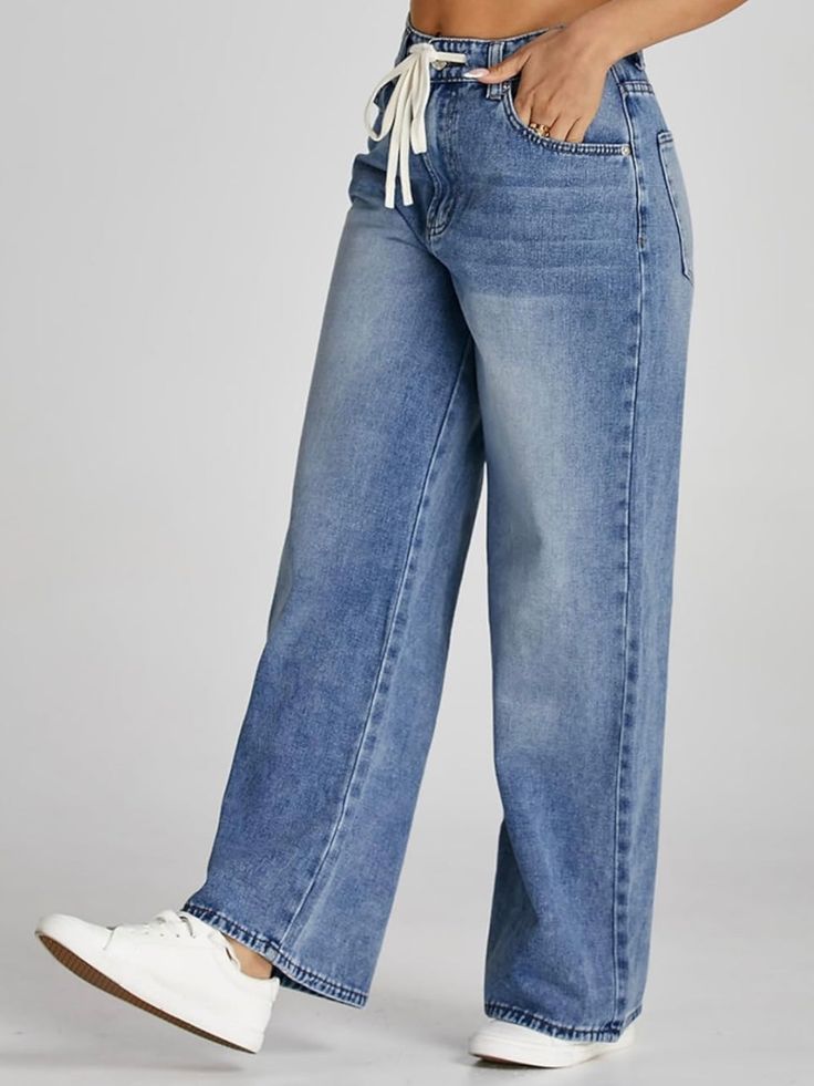 Casual style. European design. Wide leg pants. Buttons front closure. Zipper closure. Tied on front. Pockets on sides, front and back. 90% cotton, 10% polyester. Color may be lighter or darker depending of the device it is displayed. Wide-leg Denim Jeans With Drawstring, Wide Leg Denim Jeans With Drawstring, Wide-leg Denim Bottoms With Drawstring, Wide Leg Denim Bottoms With Drawstring, High Waist Denim Jeans With Drawstring, High-waist Denim Jeans With Drawstring, High Waist Drawstring Denim Jeans, Spring High Rise Pants With Drawstring, High Rise Drawstring Pants For Spring