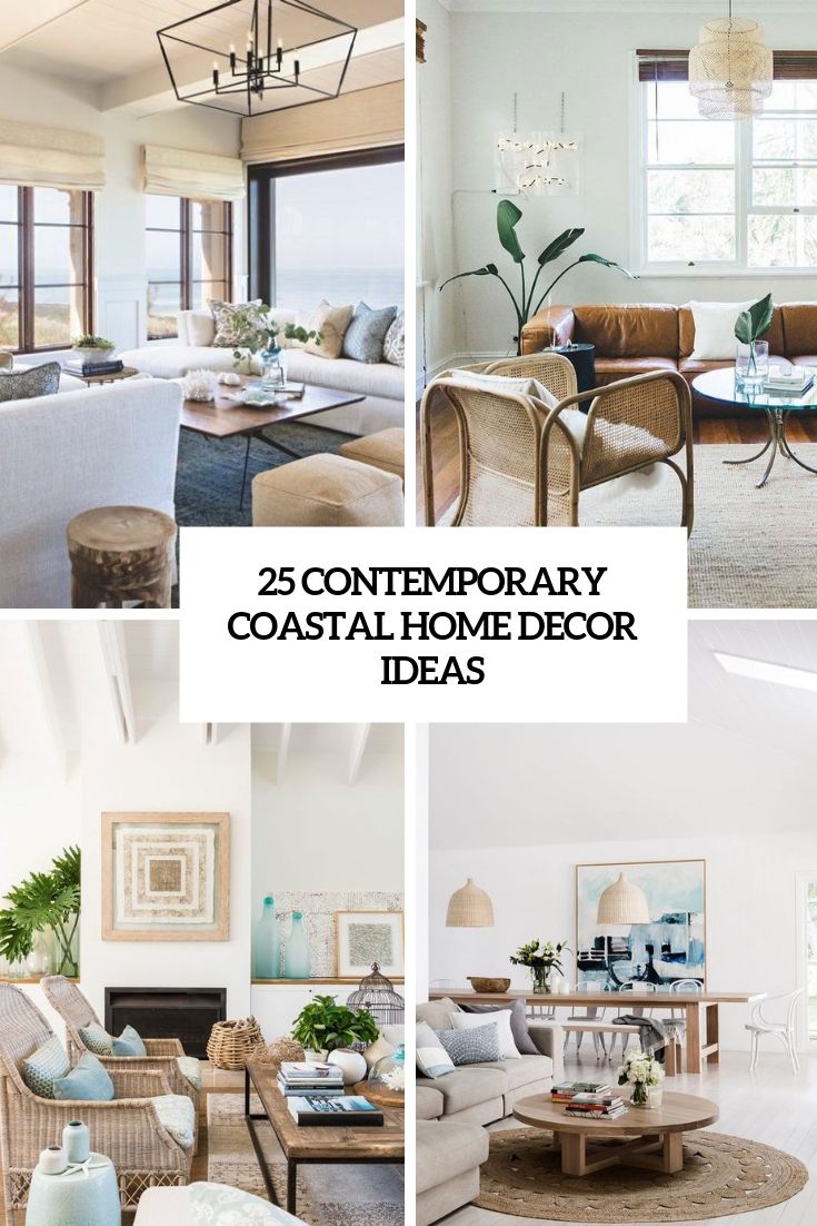 the 25 contemporary coastal home decor ideas are featured in this collage, including couches and chairs