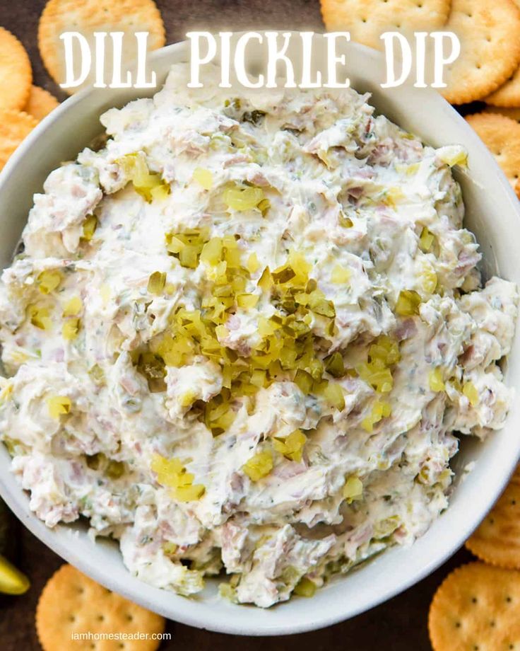 dill pickle dip in a white bowl surrounded by crackers