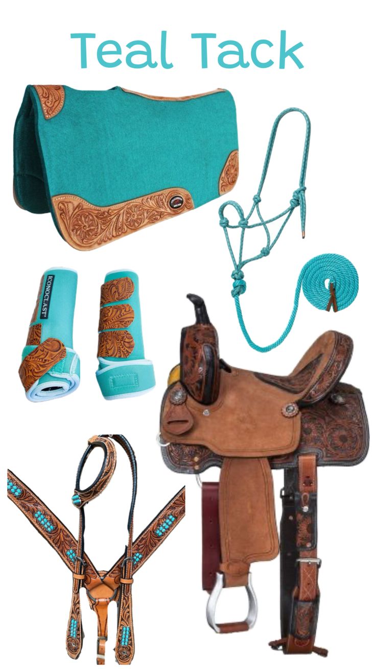 a horse saddle and tacks with the words teal tack written above it in blue