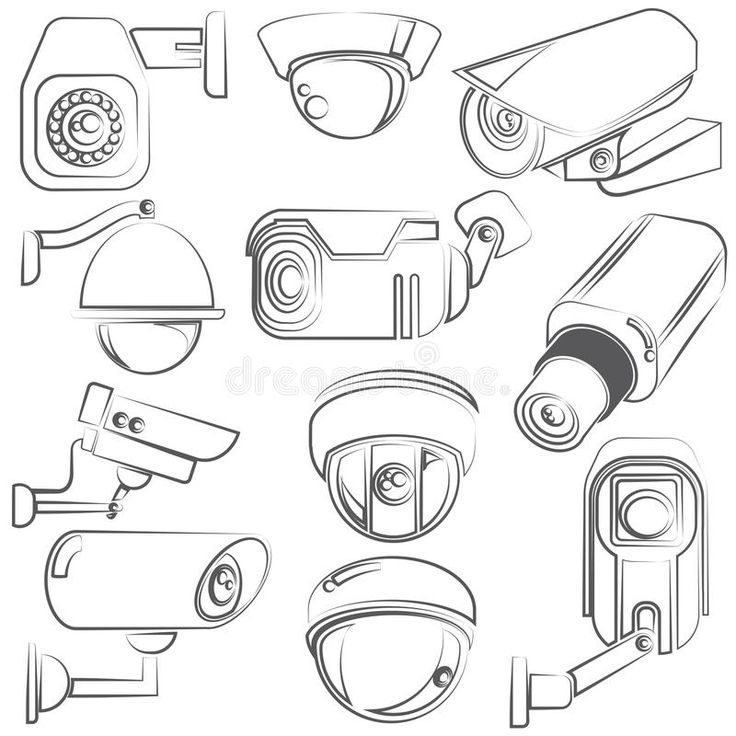 various types of cameras are shown in this black and white drawing set, including one with a