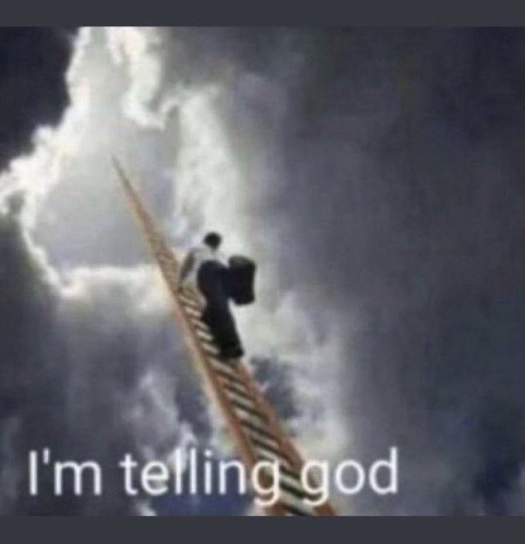 a man standing on top of a ladder in the air with clouds behind him and words below it