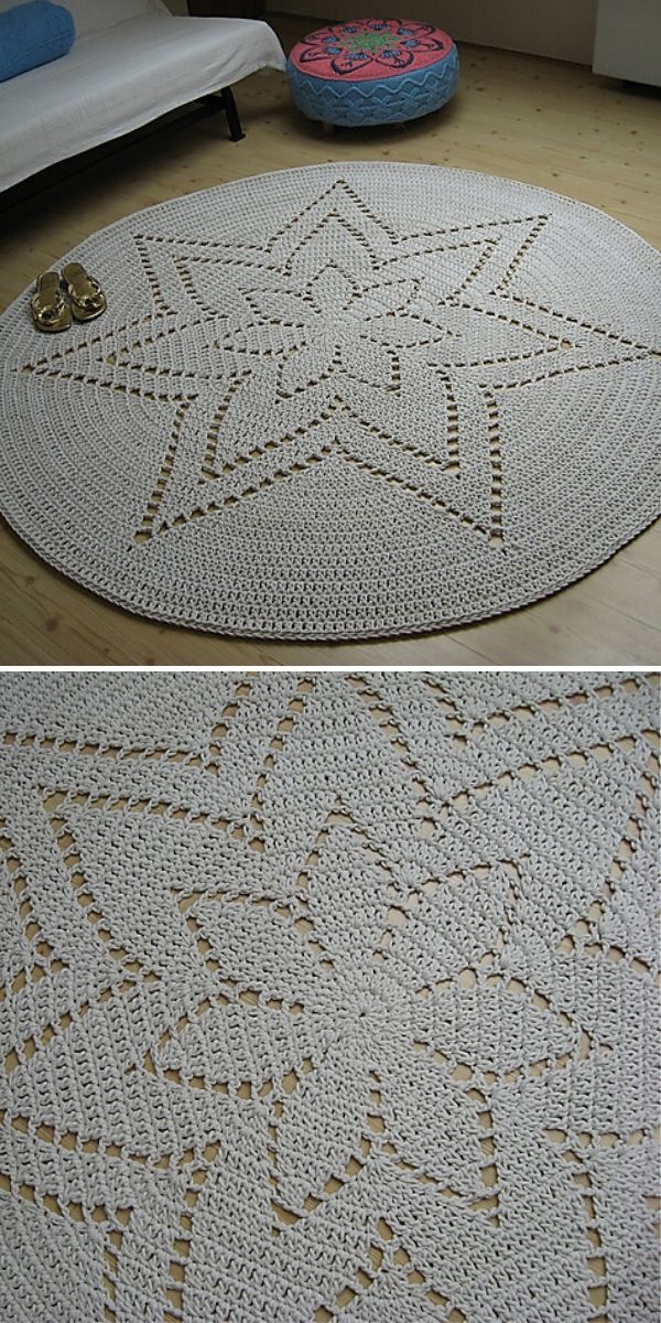 there is a white crocheted rug on the floor