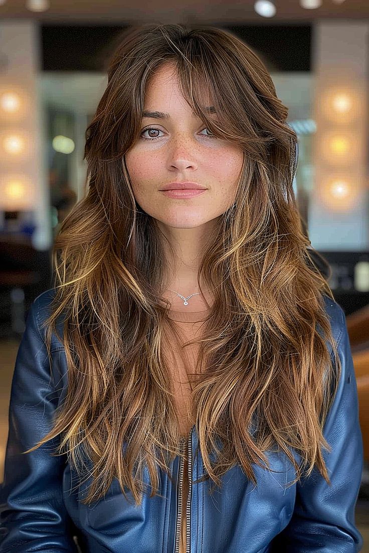 Must-Try Shag Haircuts and Hairstyles in 2024 Long Shag Haircut Balayage, Wolf Cut With Balayage, Slight Shag Haircut, Boho Shag Haircut Long Hair, Lions Mane Haircut Women, Long Shag Round Face, Long Shag Cut With Curtain Bangs, Shag Vs Wolf Cut, Long Shag Curtain Bangs