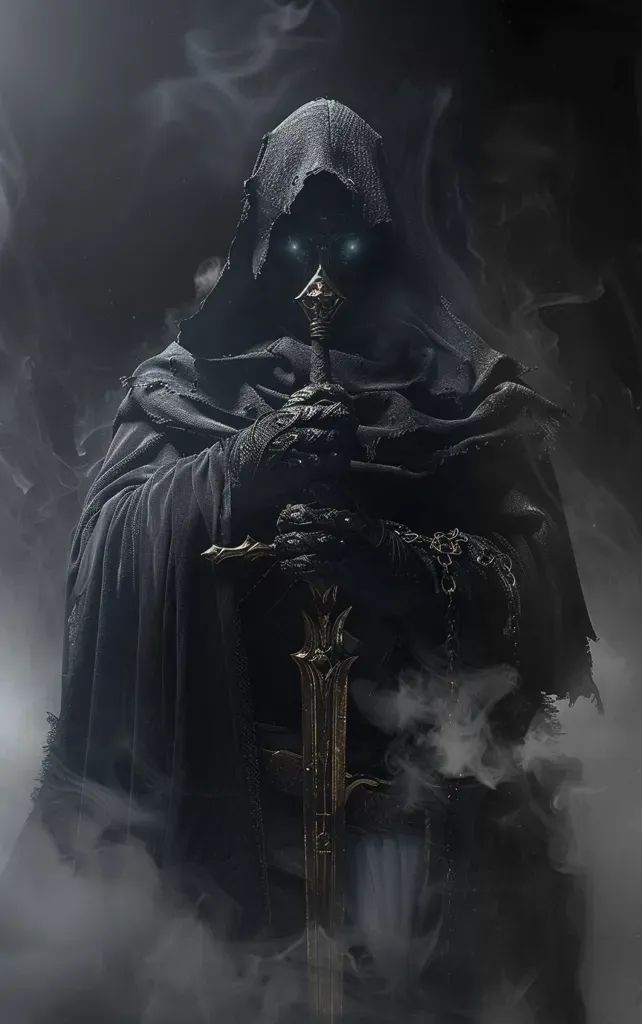 Full Color Image in ai-img-gen.com 🔸 a dark fantasy video game art style hooded figure wearing black robes and holding an ornate sword, t... 🔸 From Midjourney AI Image Noir Fantasy Art, Game Art Style, Fantasy Video Game, Piercing Blue Eyes, Deep Wallpaper, Dark Evil, Lotr Art, Color Image, Sports Wallpapers