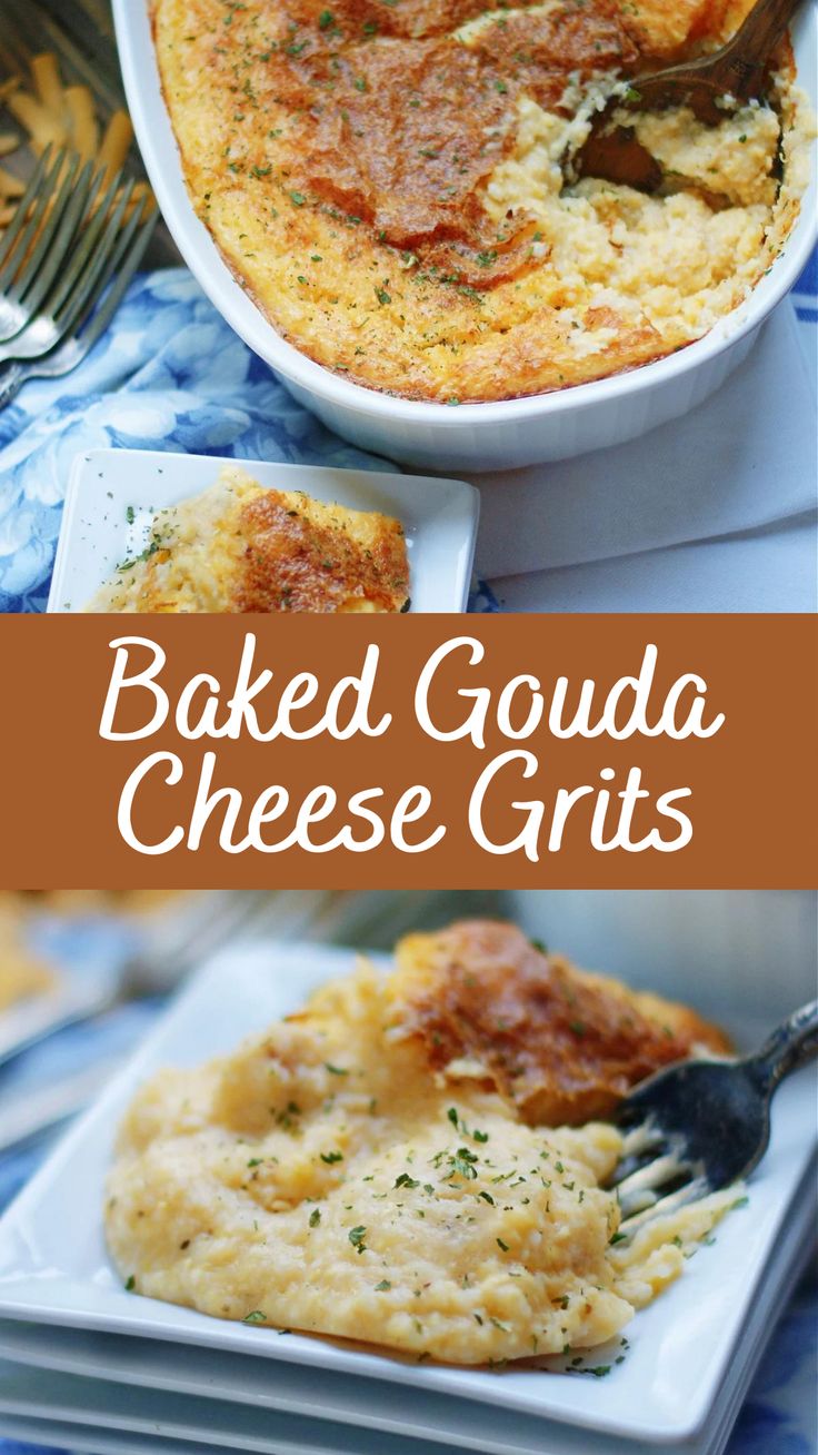 baked goulad cheese grits in a casserole dish with a fork