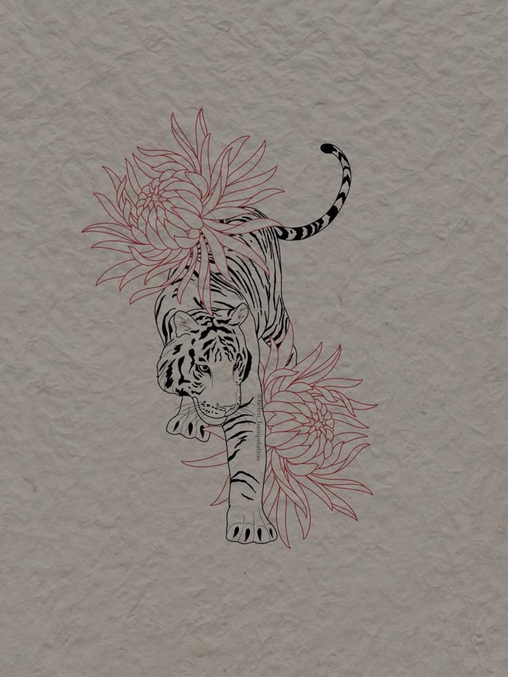 a drawing of a tiger with flowers on it's back