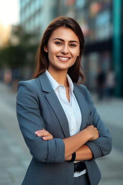 a woman standing with her arms crossed in front of the camera, wearing a gray suit and white shirt