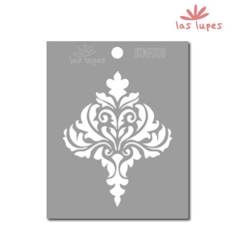 the stencil design is shown in grey and white, with an ornate pattern on it