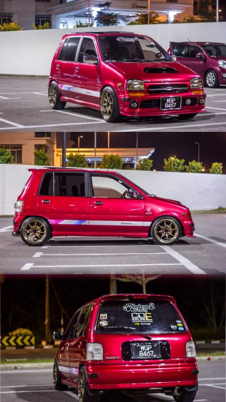 three different pictures of the same red car