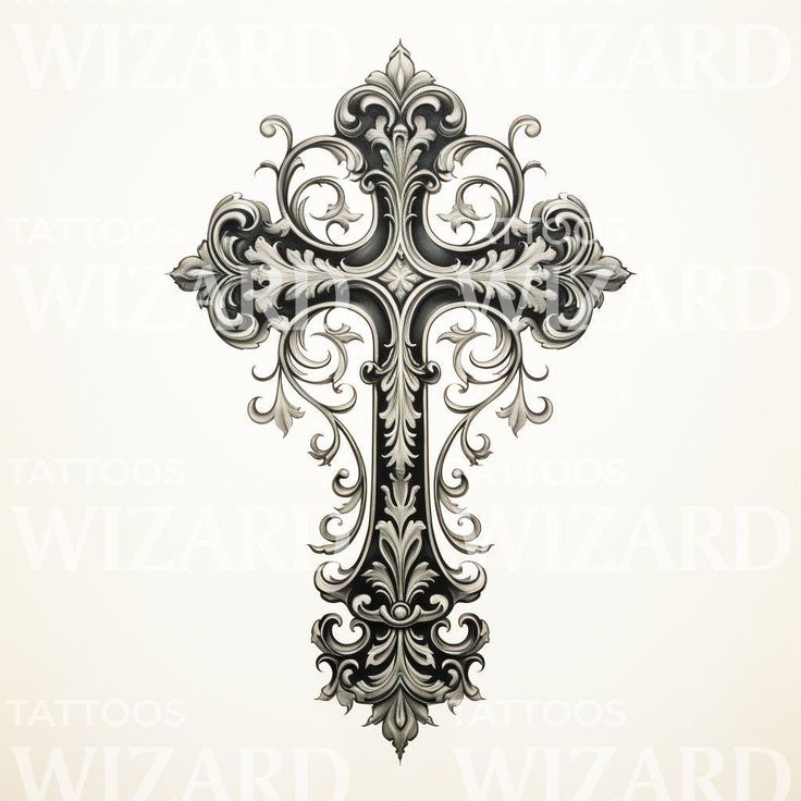 an ornate cross on a white background with the word tattoo wizard written below it in black