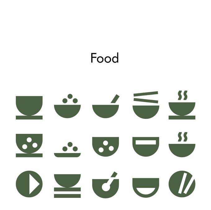 the food icon set includes bowls, spoons and chopsticks in green on a white background