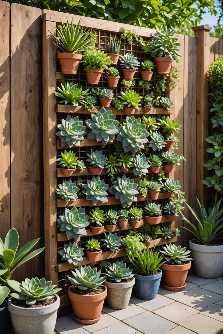 many potted plants are arranged on a wooden fence