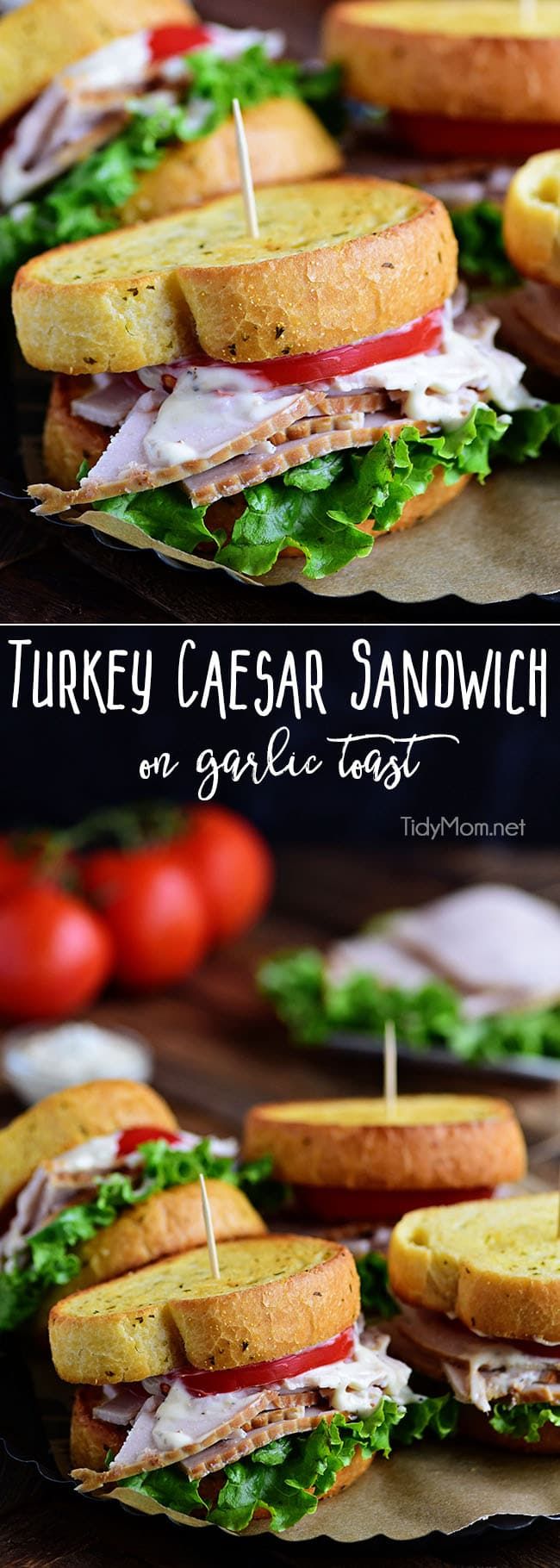 turkey caesar sandwich on grilled toast with tomatoes and lettuce