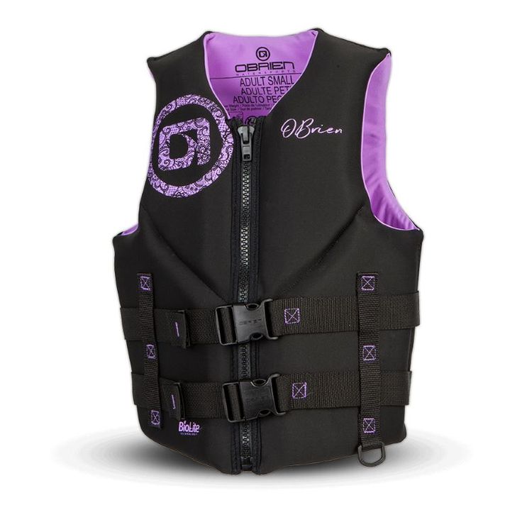 a life vest with purple and black designs on the front, side and back panels