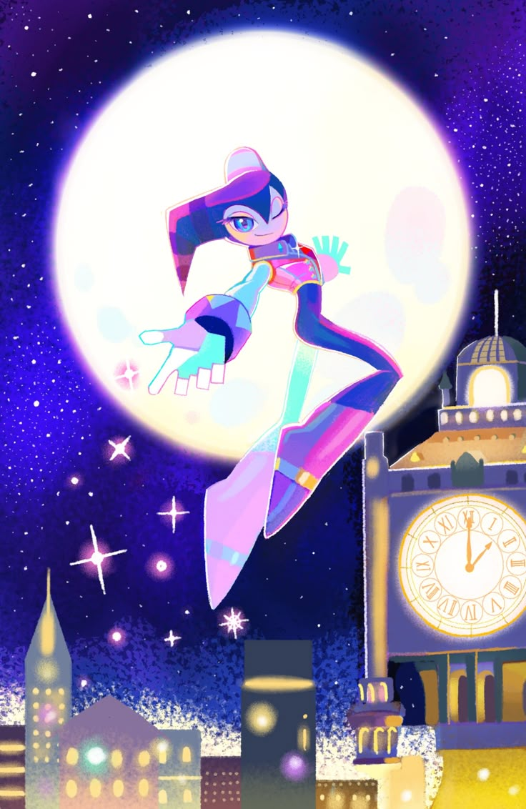 a cartoon character flying in the air over a city at night with a clock tower