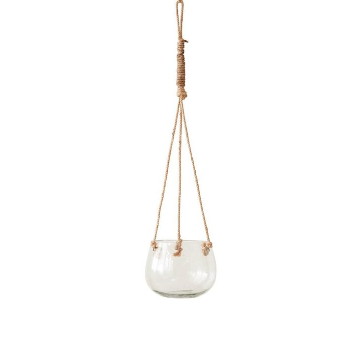 a hanging glass bowl with rope