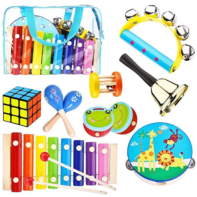 a group of children's musical instruments and toys