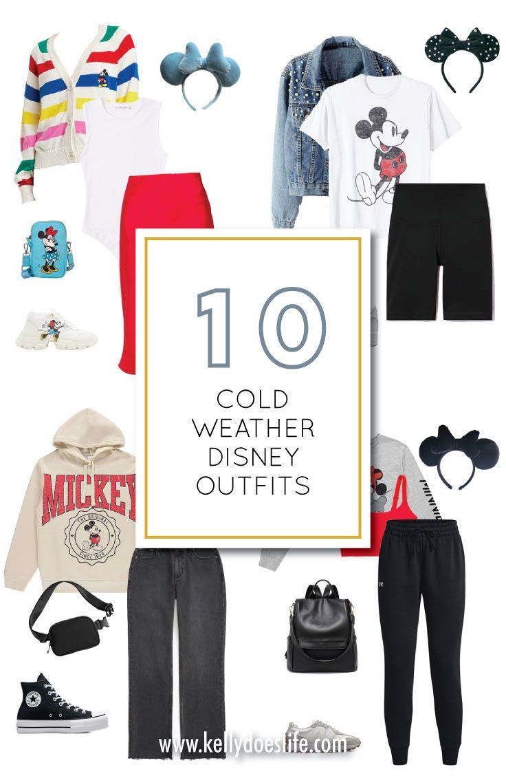 clothes and accessories are arranged in the shape of mickey mouse's ears, with text overlay that reads 10 cold weather disney outfits