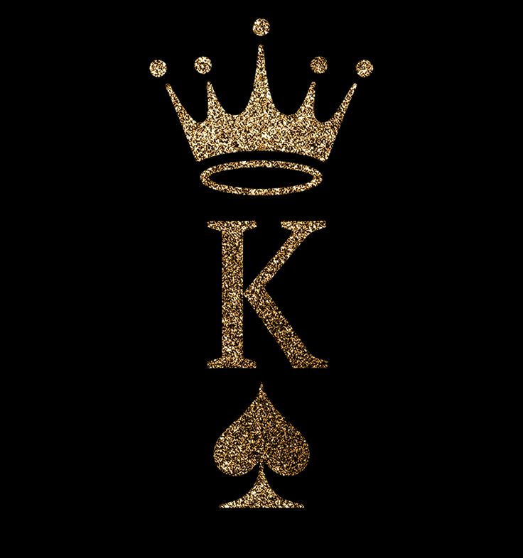 the letter k is made up of gold glitter and has a crown on top of it