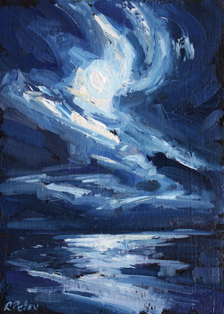 an abstract painting of blue and white clouds in the night sky over water with reflections