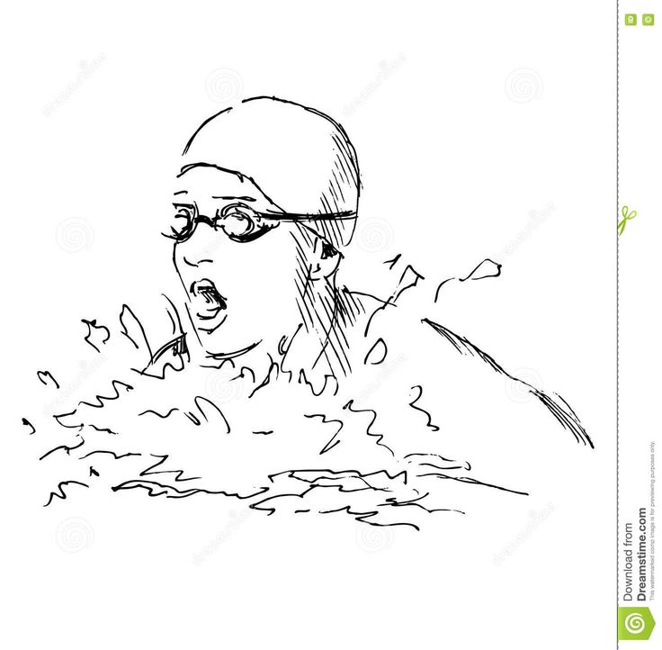 a black and white drawing of a woman swimming in the water with her mouth open