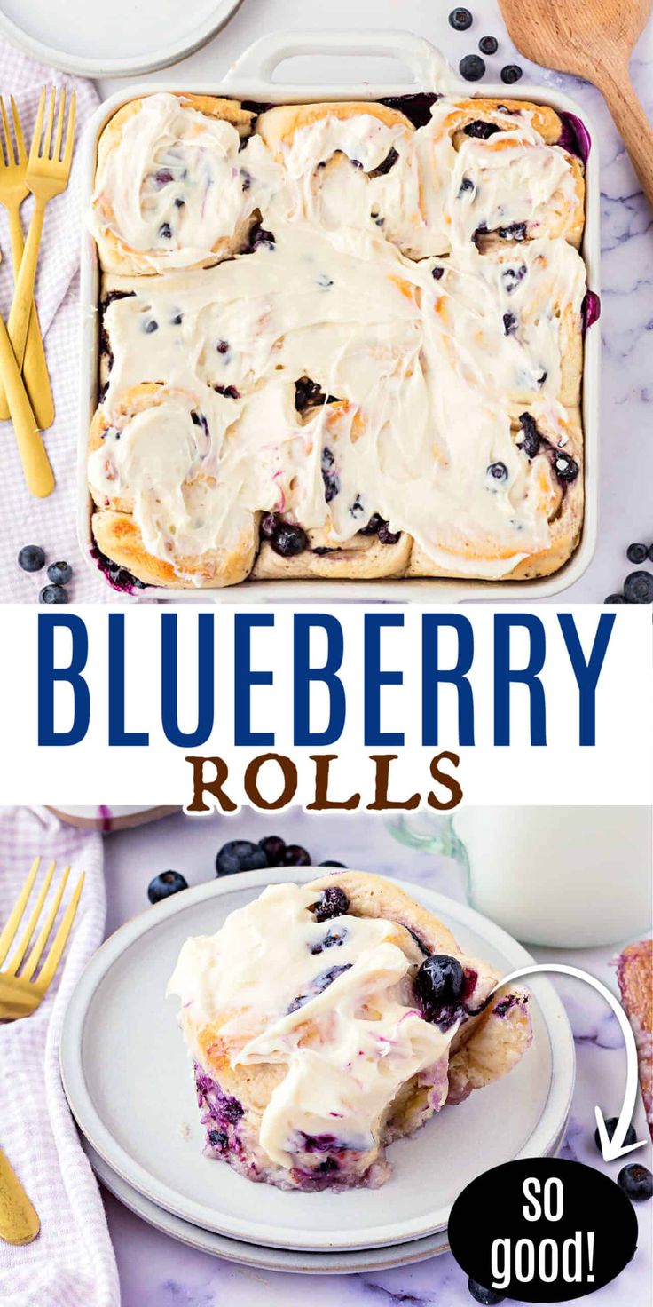 blueberry rolls with cream cheese frosting on top and in the middle, sitting on a plate