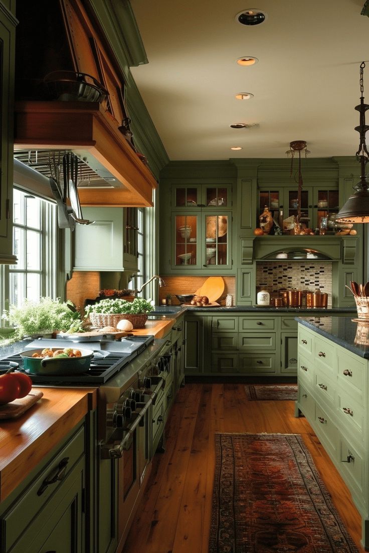 a kitchen filled with lots of green cupboards and counter top space next to a wooden floor