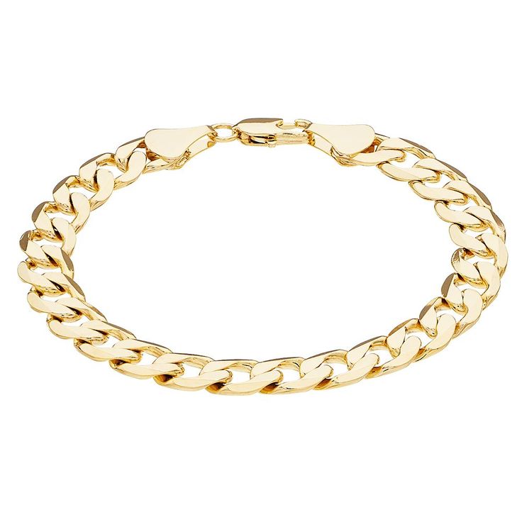 Sleek and stylish, this 14k gold plated curb chain bracelet perfectly complements your handsome look. Sleek and stylish, this 14k gold plated curb chain bracelet perfectly complements your handsome look. Click on this JEWELRY & WATCHES GUIDE to learn about fit, styles, materials and more!Gift Givers: This item ships in its original packaging. If intended as a gift, the packaging may reveal the contents.Length: 8.75 in.Width: 9.5 mmClasp: lobster-clawMetal: brassFinish: polishedPlating: 14k goldPackaging: boxed Size: 8.5". Color: Gold Tone. Gender: male. Age Group: adult. Elegant Metal Cuban Link Bracelet With Curb Chain, Classic Metal Cuban Link Bracelet With Curb Chain, Classic Cuban Link Gold Bracelet, Classic Yellow Gold Cuban Link Bracelet With Adjustable Chain, Classic Adjustable Cuban Link Bracelet In Yellow Gold, Classic Metal Curb Chain Bracelet, Classic Gold Plated Curb Chain Bracelet, Classic Gold Plated Chain Bracelet With Curb Chain, Gold Plated Figaro Chain Bracelet