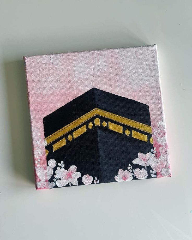 a painting of a black and gold building with flowers on it