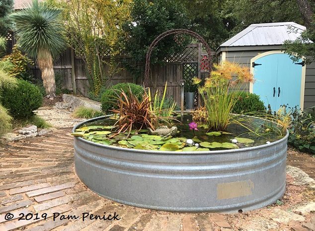 a large metal tub filled with lots of water lilies and other plants in it