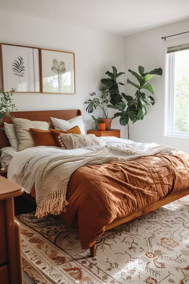 a bed sitting in a bedroom next to a window with potted plants on it