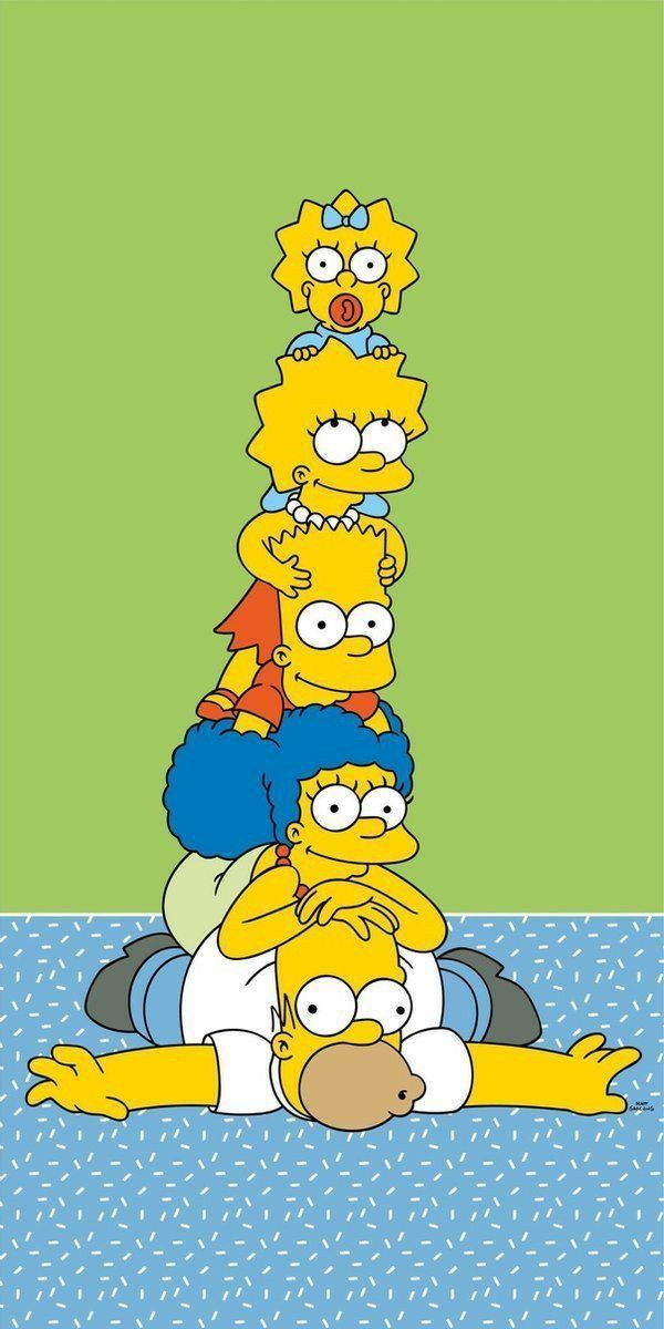 the simpsons family sitting on top of each other in front of green and blue background