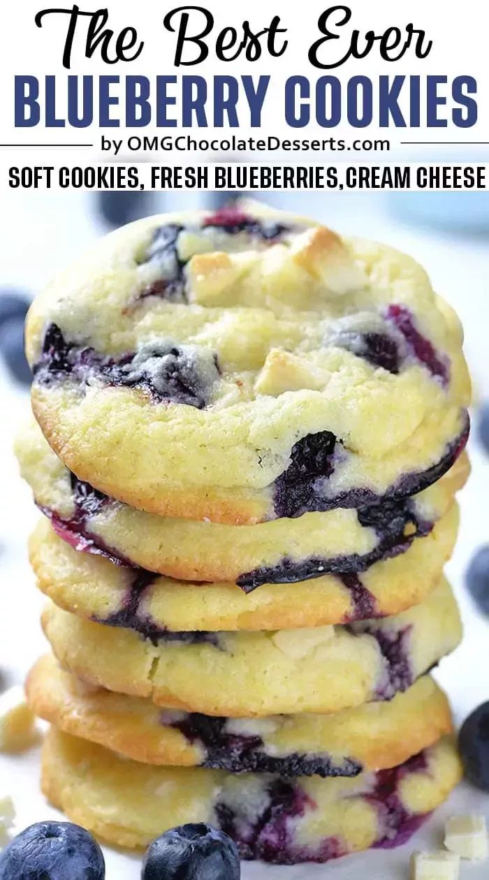 blueberry cookies stacked on top of each other with text overlay that reads, the best ever blueberry cookies