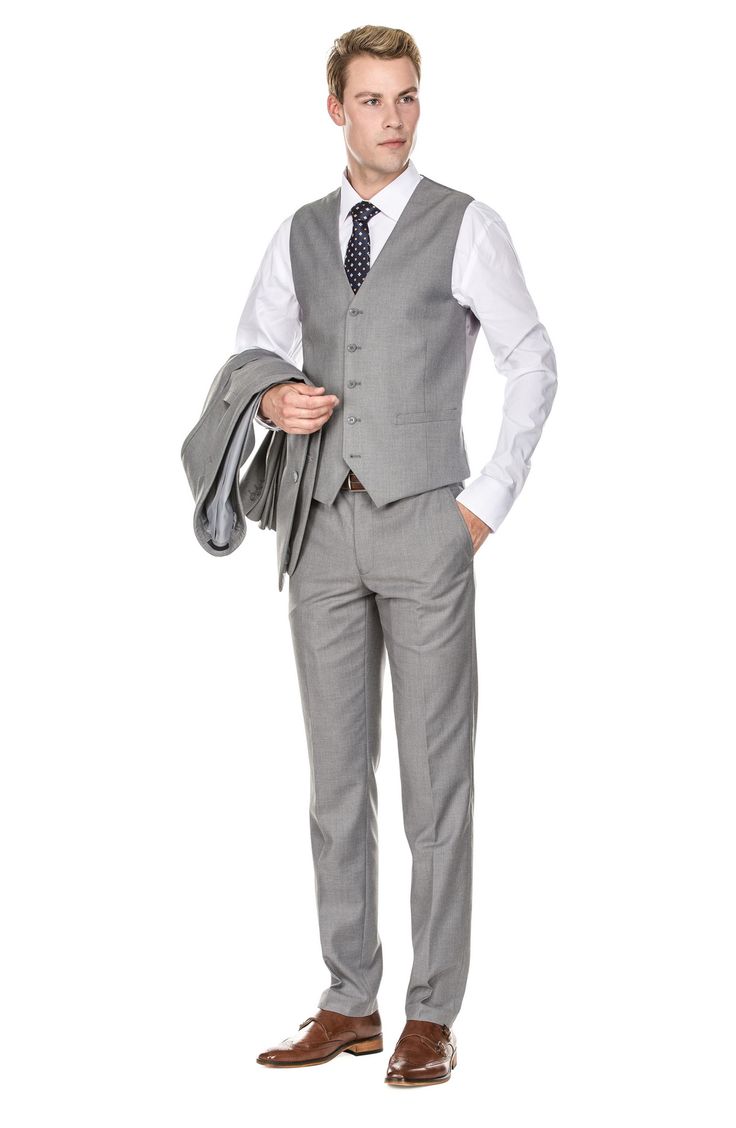 Bring understated elegance to the table in this three-piece suit crafted from rich fabric in a classic single-breasted silhouette. Jacket has notched lapels; chest welt pocket; front flap pockets Vest has front button closure; V-neck Pants have zip fly with button closure; front slant pockets; back button-welt pockets Jacket and vest are lined; trousers are lined to the knee 65% polyester, 35% viscose Dry clean Imported Each suit has a 6” drop, meaning that a size 38R jacket is paired with size Semi-formal Slim Fit Three-piece Suit With Single Button, Slim Fit Three-piece Suit With Single Button, Tailored Suits With Pockets For Office Wear, Slim Fit Three-piece Suit With Suiting Fabric, Elegant Slim Fit Sets For Workwear, Elegant Slim Fit Workwear Sets, Slim Fit Single-breasted Three-piece Suit, Professional Single Breasted Suiting Fabric Sets, Professional Single-breasted Suiting Fabric Set