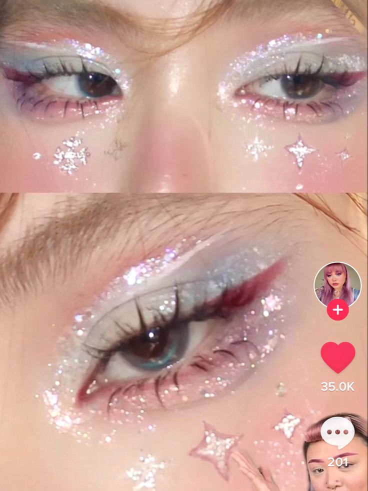 4 Dots Eye Makeup, Magic Makeup Looks, Eye Makeup Designs Art, Fairy Tail Makeup, Pink Y2k Makeup, Candy Makeup Look, Colored Eyeliner Looks, Cutesy Makeup, Cute Pink Makeup