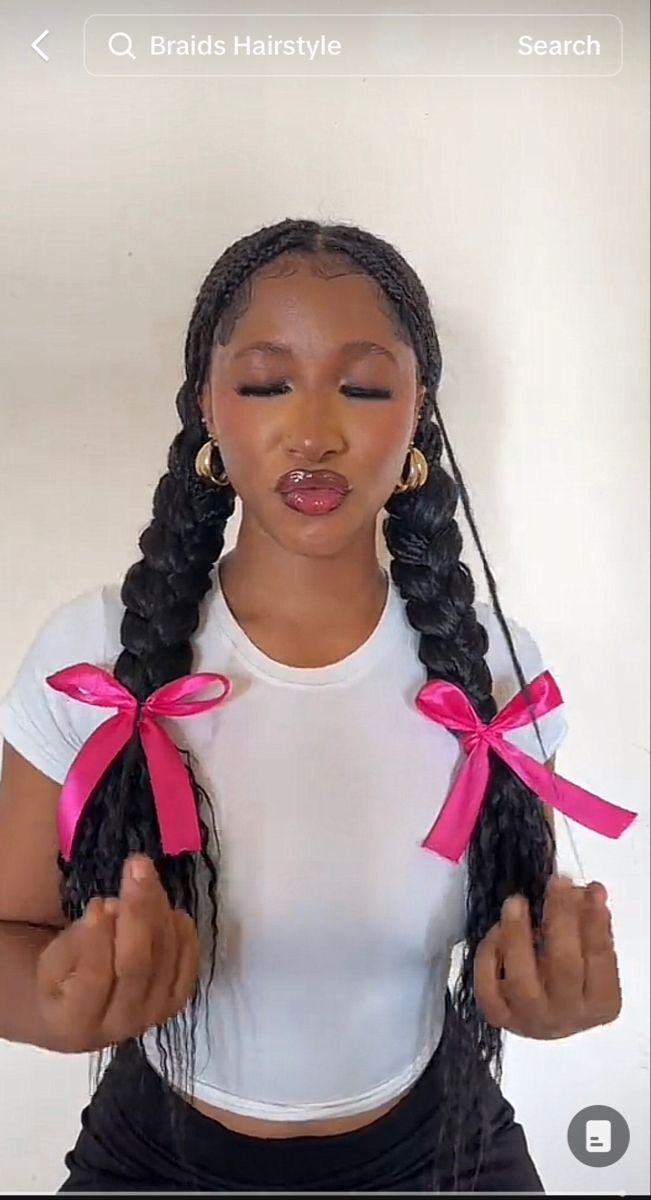 French Curl Braids Hairstyles Short, Hair Bows On Braids, Bow Braids Hairstyles, Hairstyle Ideas Black Women Braids, Braided Low Pigtails, Unique Knotless Braids Hairstyles, Old Braid Hairstyles, Hair Inspo Natural Curls, Back To School Protective Hairstyles