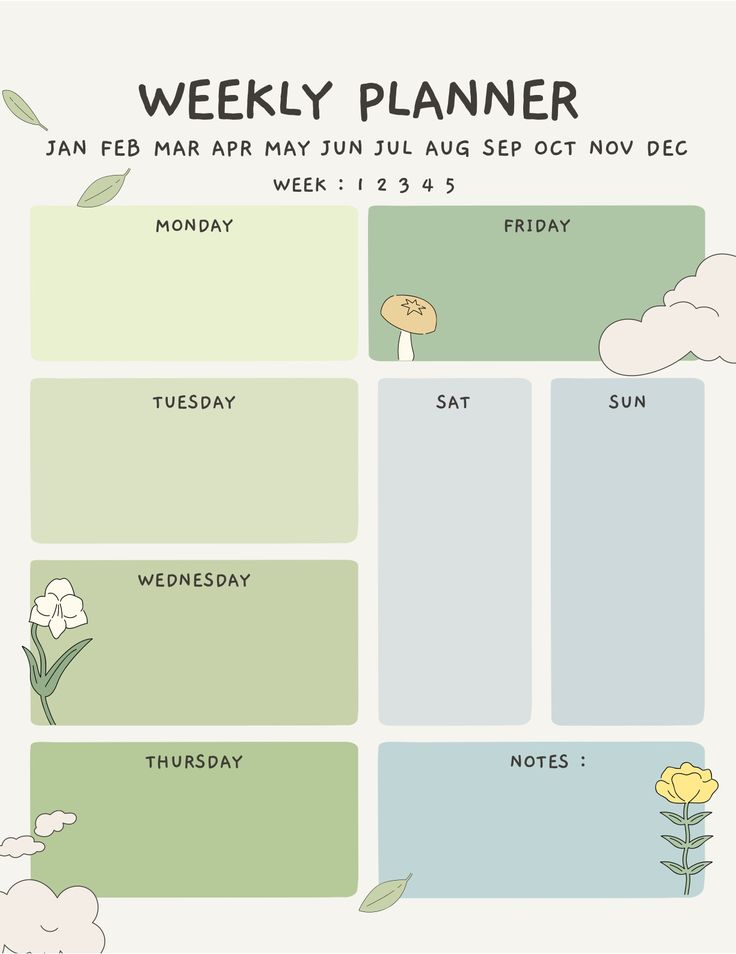 a weekly planner with flowers and clouds