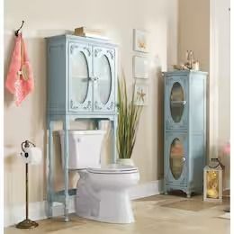 a blue cabinet next to a toilet in a room with beige walls and flooring