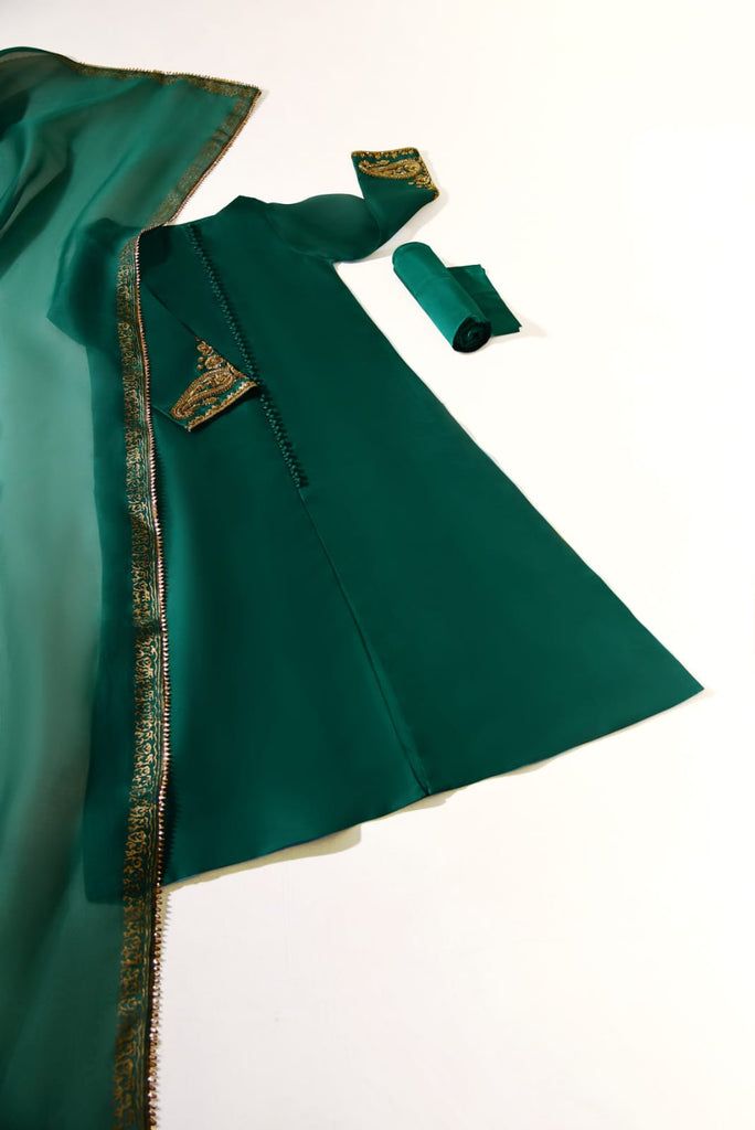 Green Anarkali Set In Tissue Silk With Traditional Drape, Green Anarkali Set With Traditional Drape In Tissue Silk, Green Organza Anarkali Set With Cutdana, Festive Green Hand Embellished Sets, Green Hand Embellished Sets In Traditional Drape, Green Hand Embellished Sets With Traditional Drape, Green Organza Sharara With Cutdana Details, Elegant Green Sharara For Diwali, Green Hand Embellished Dupatta