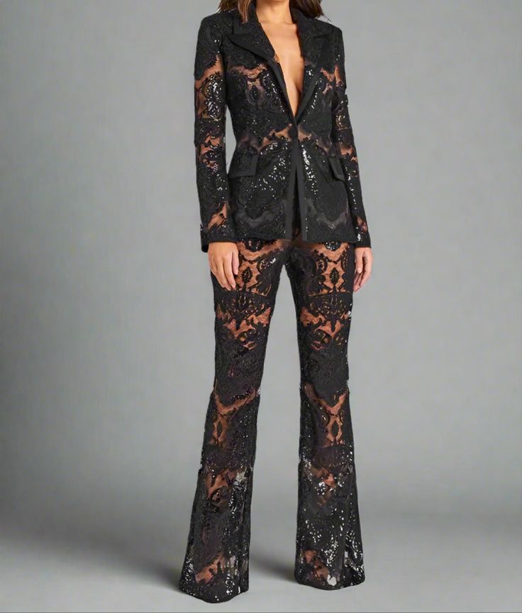 Introducing the sequin and lace Blazer Pant Set from Primadons and Donnas. This item is made to order and takes around 7 -10 business days to ship out. It features sequin on the blazer lining on the waist.. Please pay attention to sizing as it runs small. For plus size, please provide your measurements in CM (bust, waist, and hips). This Sequin and Lacd.Blazer Pant Set is perfect for any special occasion. Whether you're attending a wedding, a formal event, or just want to make a statement, this Luxury Long Sleeve Pantsuit For Party, Elegant Sequined Bottoms For Gala, Formal Fitted Sequin Pantsuit, Fitted Sequin Pantsuit For Evening, Fitted Long Sleeve Sequin Pantsuit, Formal Long Sleeve Sequin Pantsuit, Luxury Sequined Pants For Evening, Formal Sequined Long Sleeve Pantsuit, Fitted Sequined Pantsuit With Long Sleeves