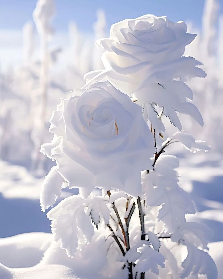 white roses covered in snow on a sunny day with blue sky and clouds behind them