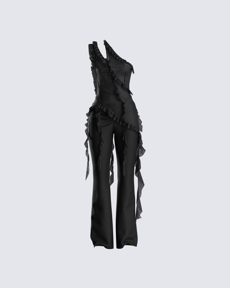 Looking this good is bound to ruffle some feathers 😌 This 2 piece set features a black mesh ruffle top, paired with jersey v-waist pants for a look that is nothing short of iconic 🖤 Performance Outfits Ideas, Best Stage Outfits, White Corset Dress, Fashion Collection Inspiration, Summer Night Outfit, Kpop Stage Outfits, Yellow Mini Dress, Kpop Stage, Show Outfits