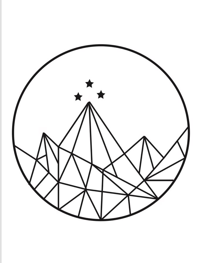 a black and white drawing of mountains with stars