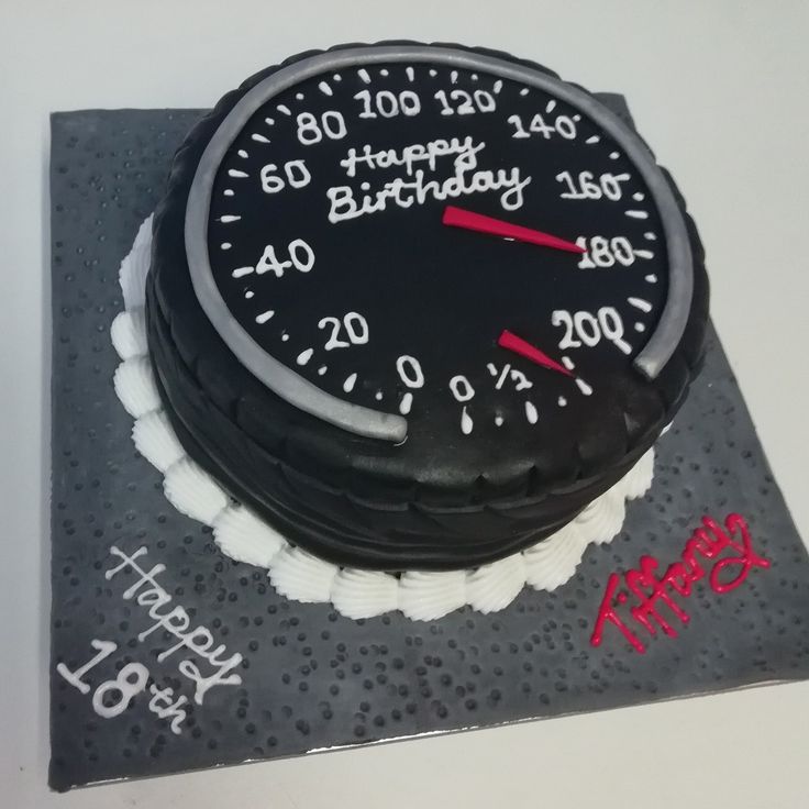 a black and white birthday cake with a speedometer on the top that says happy birthday