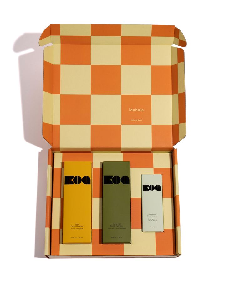 an orange and white checkered box with three different items in it's packaging