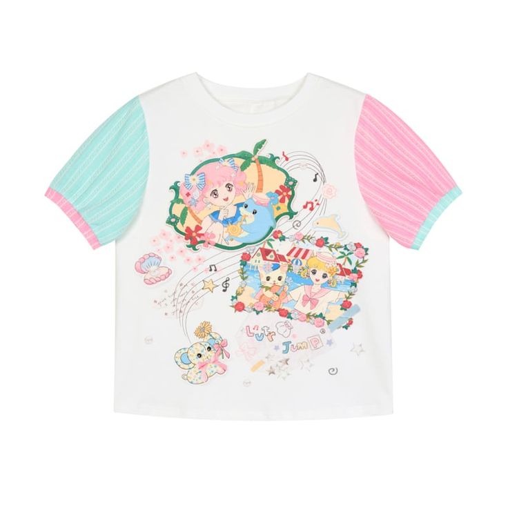 This T-shirt features a printed decoration of a girl and Kitty, with sleeves designed in a combination of pink and green colors. Add a touch of cuteness to your wardrobe with this adorable T-shirt. The printed design showcases a girl and Kitty, bringing a playful and charming vibe to your outfit. The sleeves are uniquely crafted with a delightful combination of pink and green colors, adding a pop of fun and vibrancy. Made with high-quality materials, this T-shirt is not only stylish but also com Cute Pink T-shirt With Graphic Print, Cute Cartoon Print Short Sleeve Tops, Cute Multicolor Graphic Print T-shirt, Cute Short Sleeve Tops With Cartoon Print, Pink Short Sleeve Tops With Character Print, Short Sleeve Pink Tops With Character Print, Cute Cotton T-shirt With Anime Print, Pink Crew Neck T-shirt With Cute Design, Cute Multicolor Graphic T-shirt